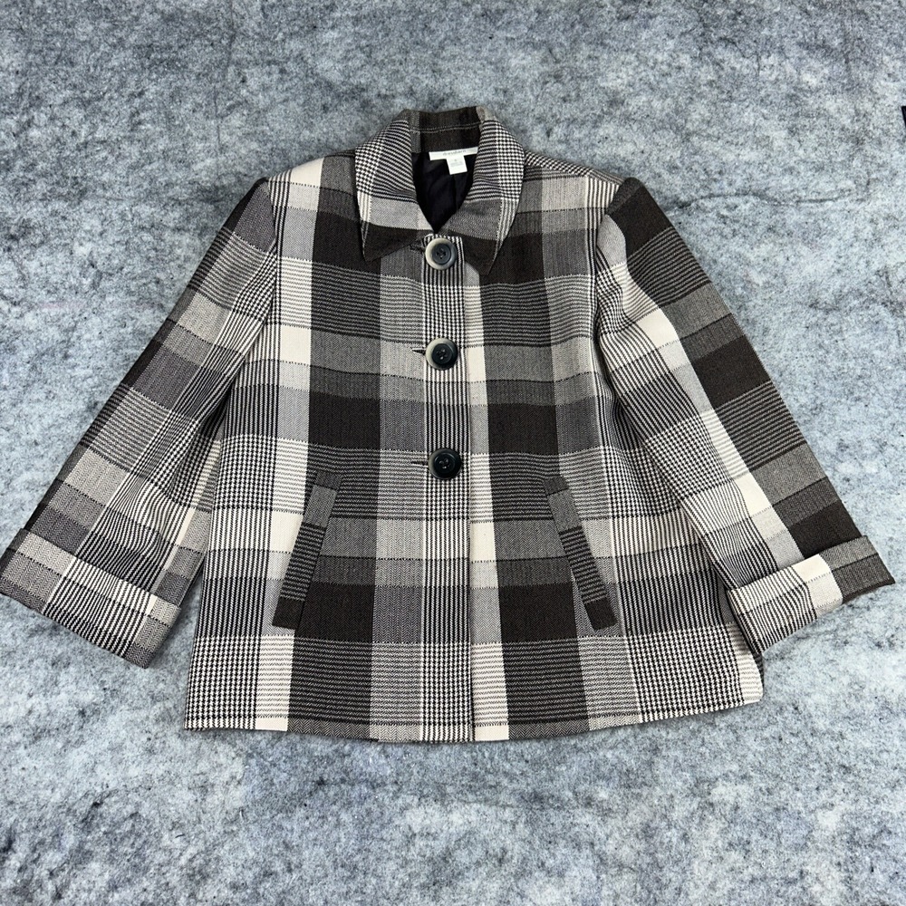 Dressbarn Women's Size 8 Brown Plaid Button Up Long Sleeve Fall Coat Jacket Wool